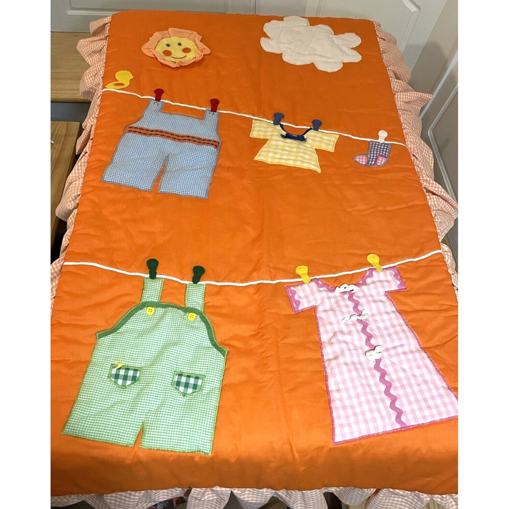 Vintage Baby Blanket Quilt Comforter 60 x 37 Clothes‎ Line Orange Gingham RARE